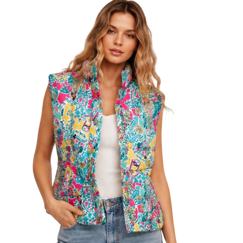 Lilly Pulitzer Down Puffer Vest XS Tropical Resort Print Quilted Preppy Bright